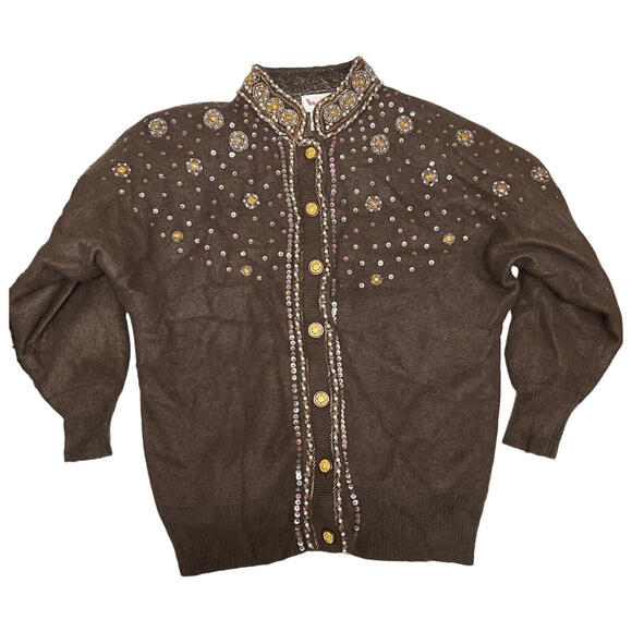Vintage Vango Cardigan S Brown‎ Angora Beaded Embellished Mock Neck 70s Coquette - Picture 13 of 13